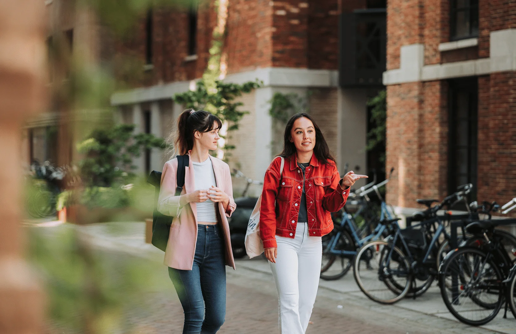 Two students walking and talking on campus